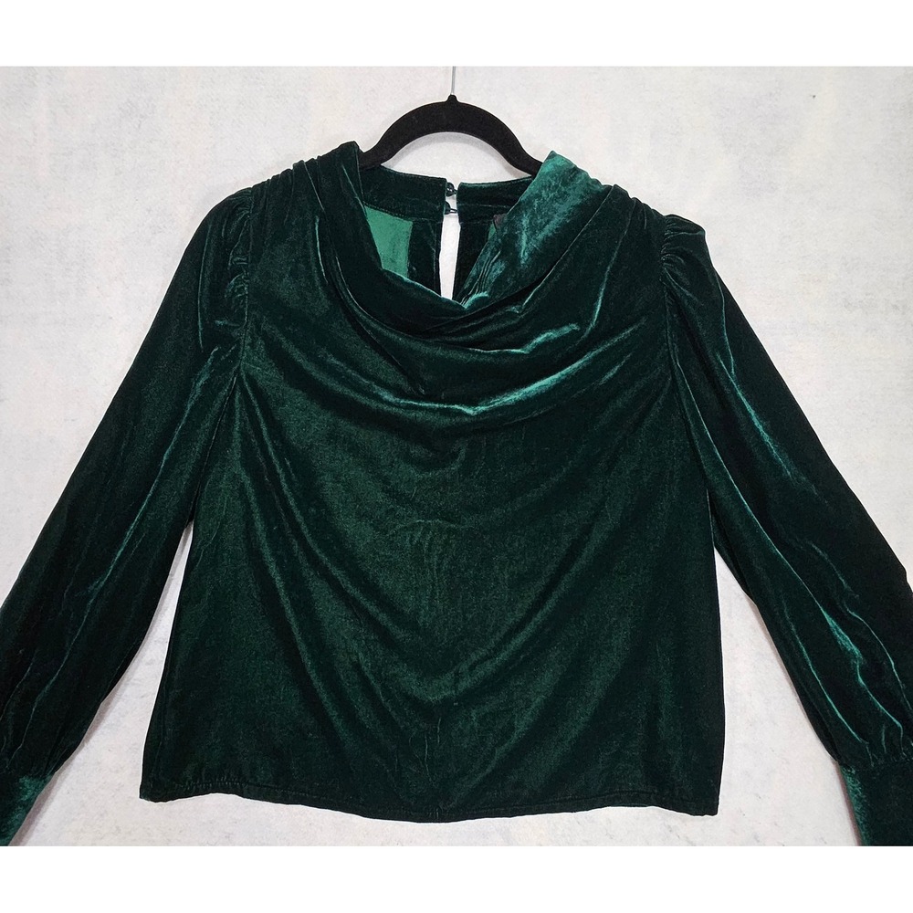 Whimsygoth Witchy Velvet Blouse M Stretch Cowl Neck Puff Sleeve Dark Green Top